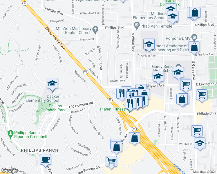 map of restaurants, bars, coffee shops, grocery stores, and more near 2310 Waters Avenue in Pomona