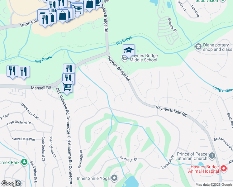 map of restaurants, bars, coffee shops, grocery stores, and more near 140 Summerfield Drive in Alpharetta