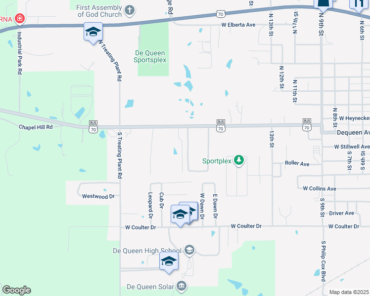 map of restaurants, bars, coffee shops, grocery stores, and more near 111 Oak Drive in De Queen
