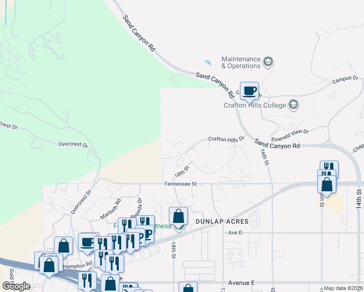 map of restaurants, bars, coffee shops, grocery stores, and more near 31761 Dove Court in Yucaipa