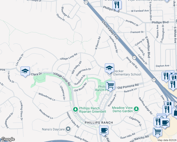 map of restaurants, bars, coffee shops, grocery stores, and more near 22 Stagecoach Drive in Pomona