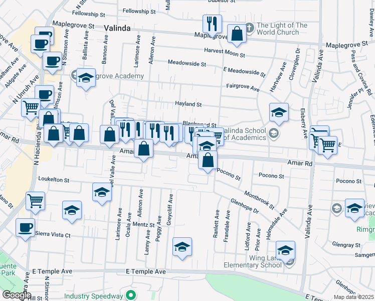 map of restaurants, bars, coffee shops, grocery stores, and more near 15925 Amar Road in La Puente