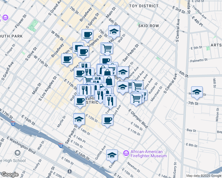 map of restaurants, bars, coffee shops, grocery stores, and more near 721e East 9th Street in Los Angeles