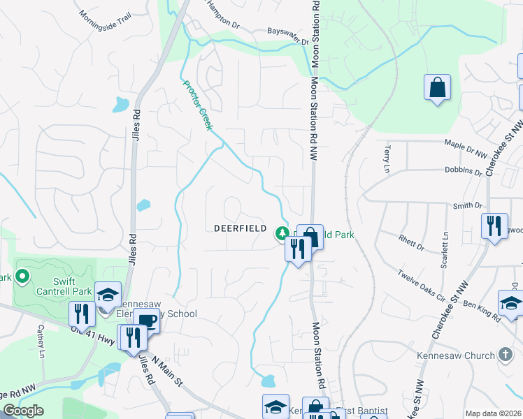 map of restaurants, bars, coffee shops, grocery stores, and more near 3508 Deerfield Lane in Kennesaw