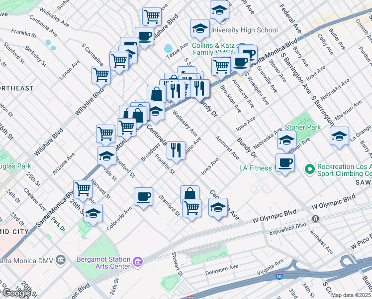 map of restaurants, bars, coffee shops, grocery stores, and more near 12405 Idaho Avenue in Los Angeles