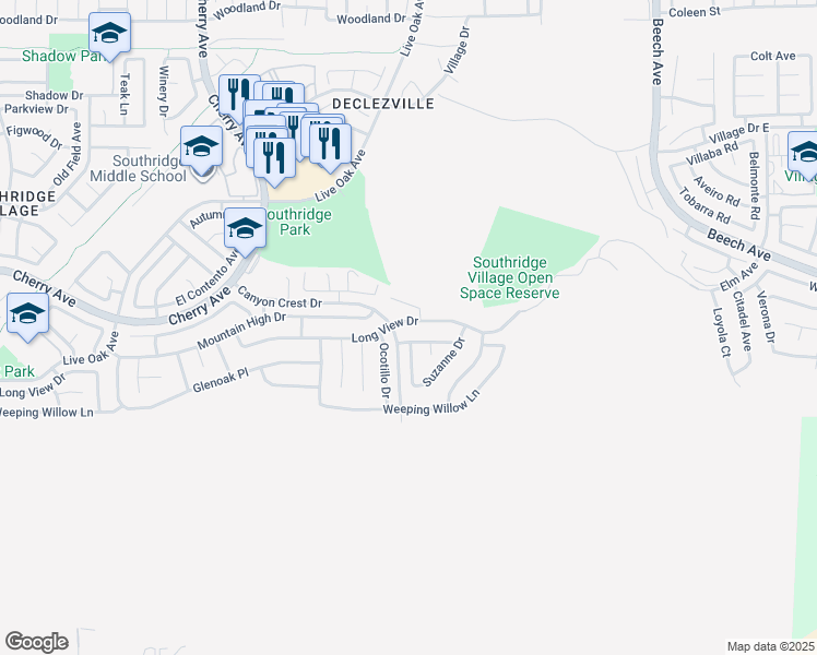 map of restaurants, bars, coffee shops, grocery stores, and more near 14869 Long View Drive in Fontana