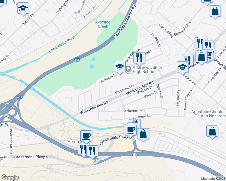 map of restaurants, bars, coffee shops, grocery stores, and more near 1263 Grossmont Drive in Whittier