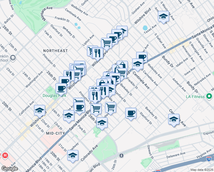 map of restaurants, bars, coffee shops, grocery stores, and more near 1341 Yale Street in Santa Monica