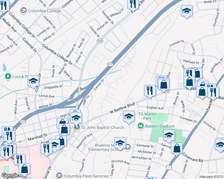 map of restaurants, bars, coffee shops, grocery stores, and more near 2102 Bailey Street in Columbia