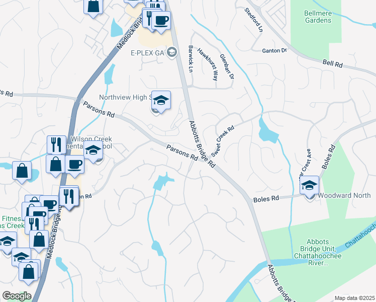 map of restaurants, bars, coffee shops, grocery stores, and more near 6273 Clapham Lane in Johns Creek