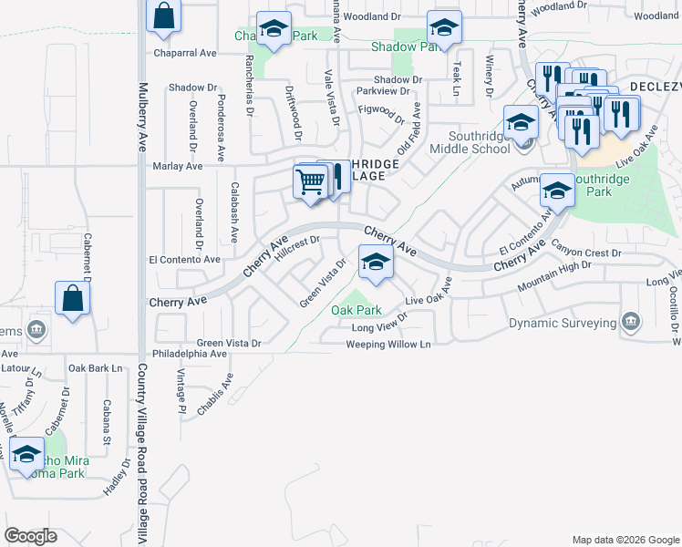 map of restaurants, bars, coffee shops, grocery stores, and more near 14125 Green Vista Drive in Fontana