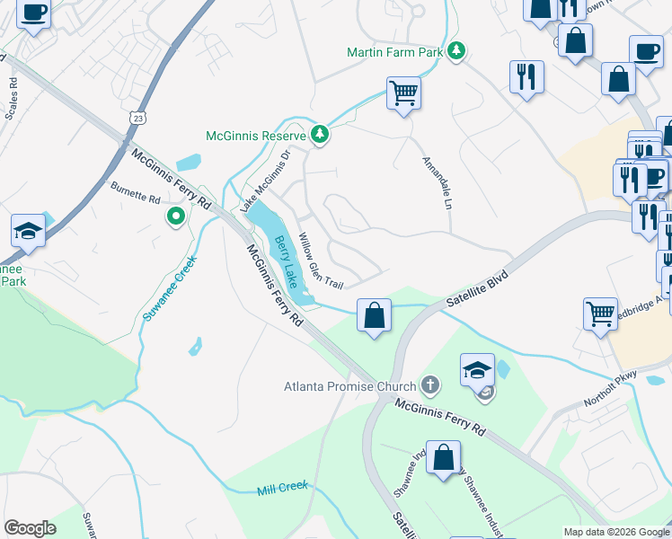 map of restaurants, bars, coffee shops, grocery stores, and more near 3136 Willow Leaf Drive in Suwanee