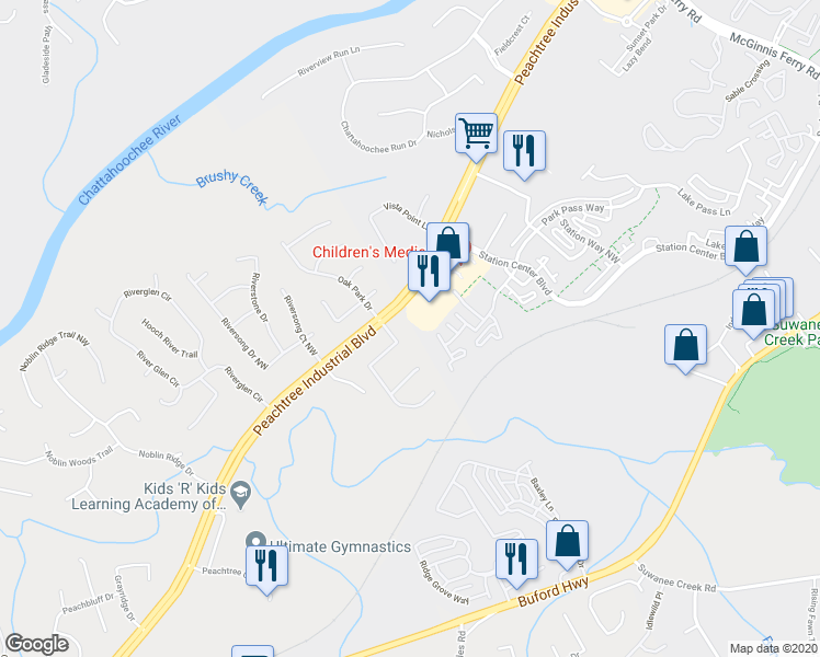 map of restaurants, bars, coffee shops, grocery stores, and more near 3875 Oak Park Drive in Suwanee