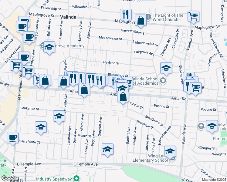 map of restaurants, bars, coffee shops, grocery stores, and more near 15937 Amar Road in La Puente