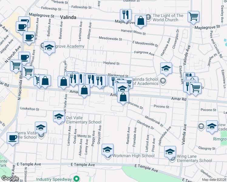 map of restaurants, bars, coffee shops, grocery stores, and more near 16013 Amar Road in La Puente