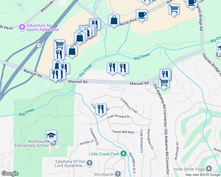 map of restaurants, bars, coffee shops, grocery stores, and more near 620 Jardin Court in Alpharetta