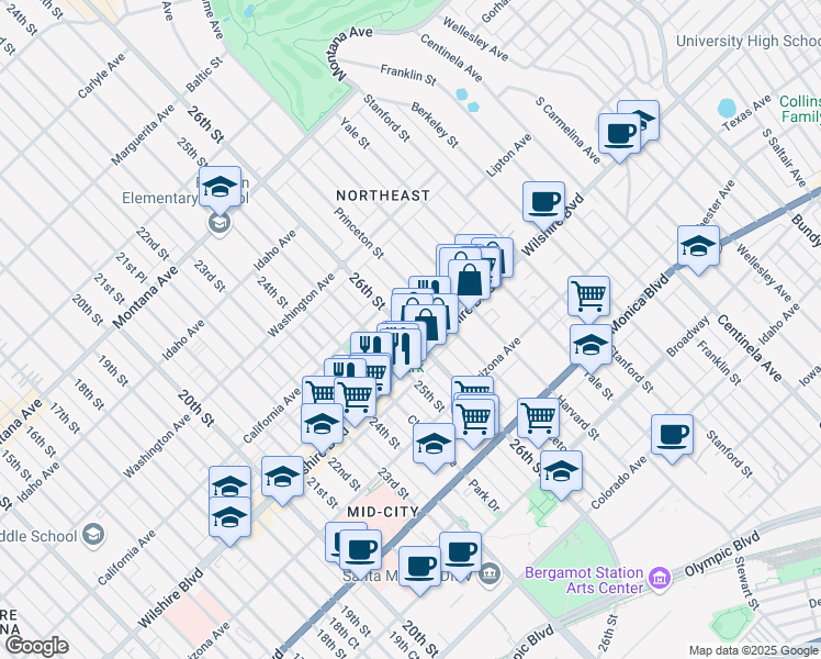 map of restaurants, bars, coffee shops, grocery stores, and more near in Santa Monica
