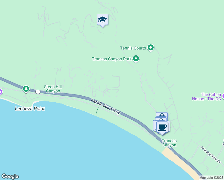 map of restaurants, bars, coffee shops, grocery stores, and more near 6436 Lunita Road in Malibu