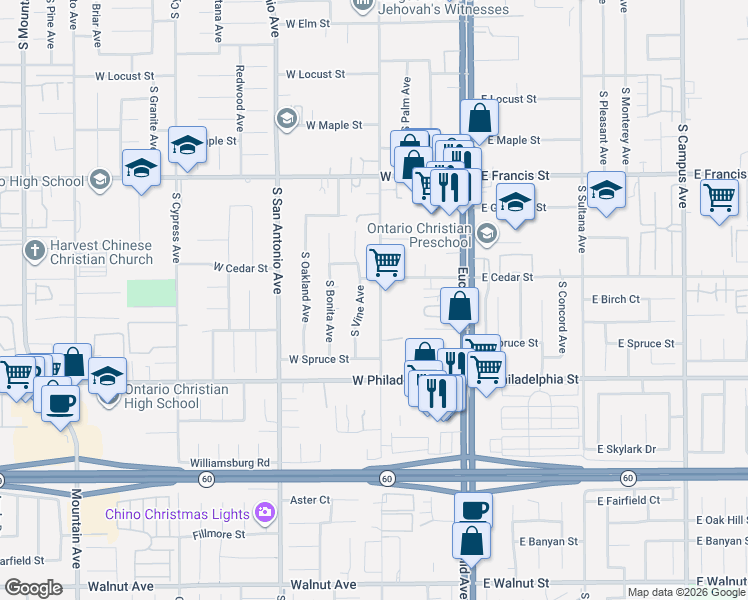 map of restaurants, bars, coffee shops, grocery stores, and more near 2032 South Vine Avenue in Ontario