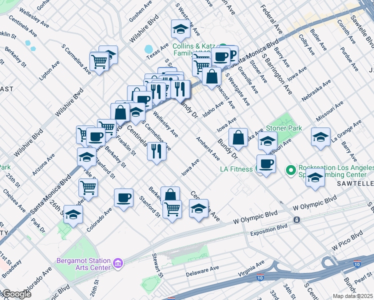 map of restaurants, bars, coffee shops, grocery stores, and more near 1629 Wellesley Avenue in Los Angeles