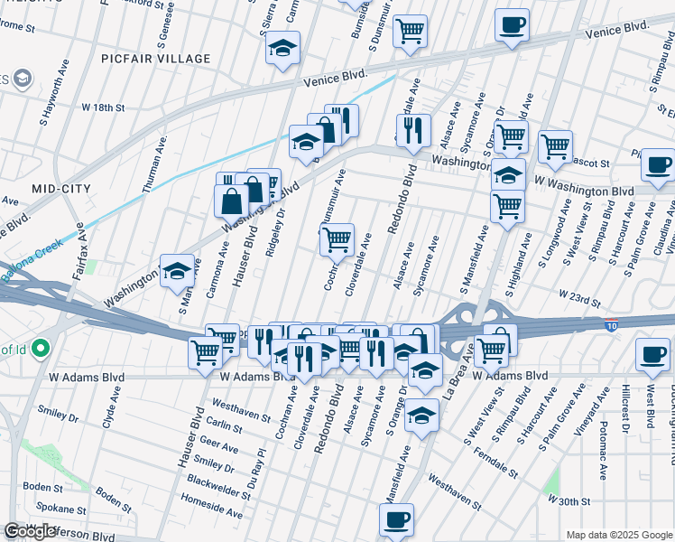 map of restaurants, bars, coffee shops, grocery stores, and more near 2312 1/2 Cochran Avenue in Los Angeles