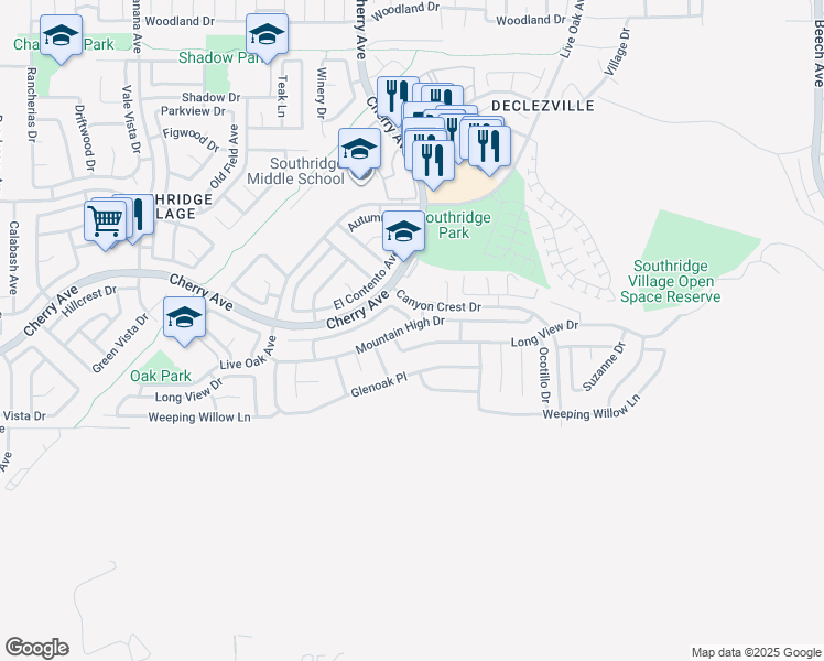 map of restaurants, bars, coffee shops, grocery stores, and more near 14589 Mountain High Drive in Fontana