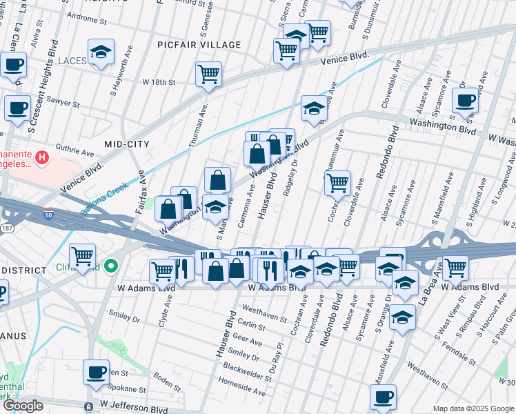 map of restaurants, bars, coffee shops, grocery stores, and more near 2231 Hauser Boulevard in Los Angeles