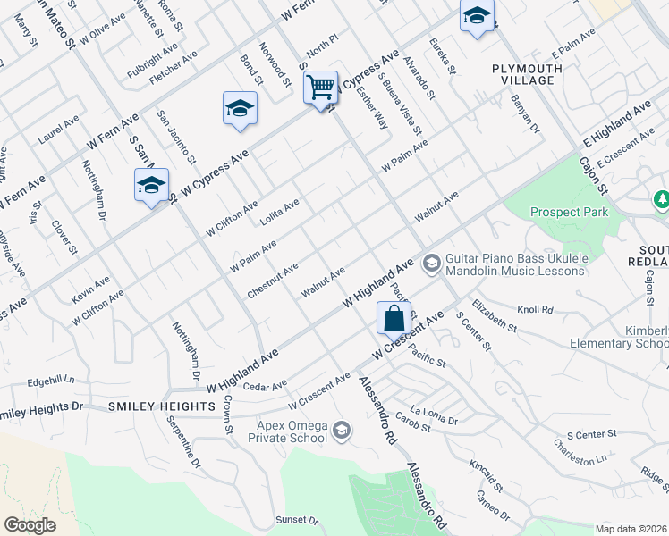 map of restaurants, bars, coffee shops, grocery stores, and more near 960 Walnut Avenue in Redlands
