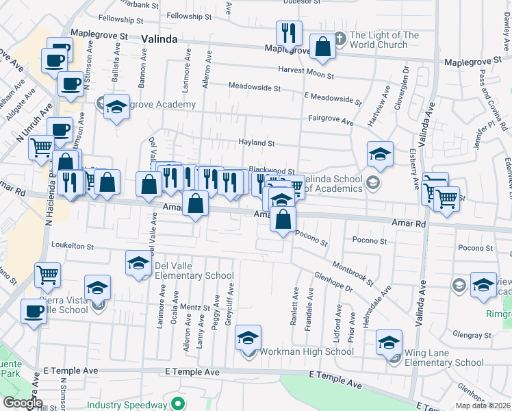 map of restaurants, bars, coffee shops, grocery stores, and more near 15913 Amar Road in La Puente