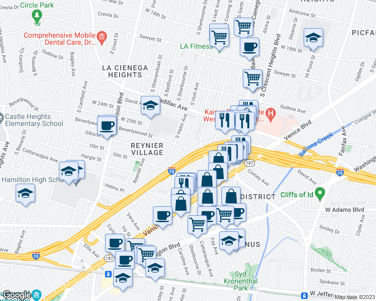 map of restaurants, bars, coffee shops, grocery stores, and more near 2602 South Holt Avenue in Los Angeles