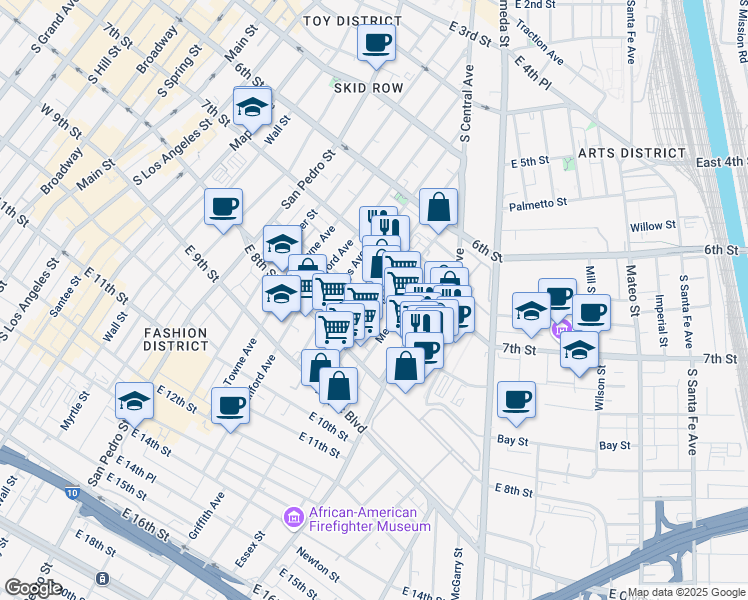 map of restaurants, bars, coffee shops, grocery stores, and more near 739 Kohler Street in Los Angeles
