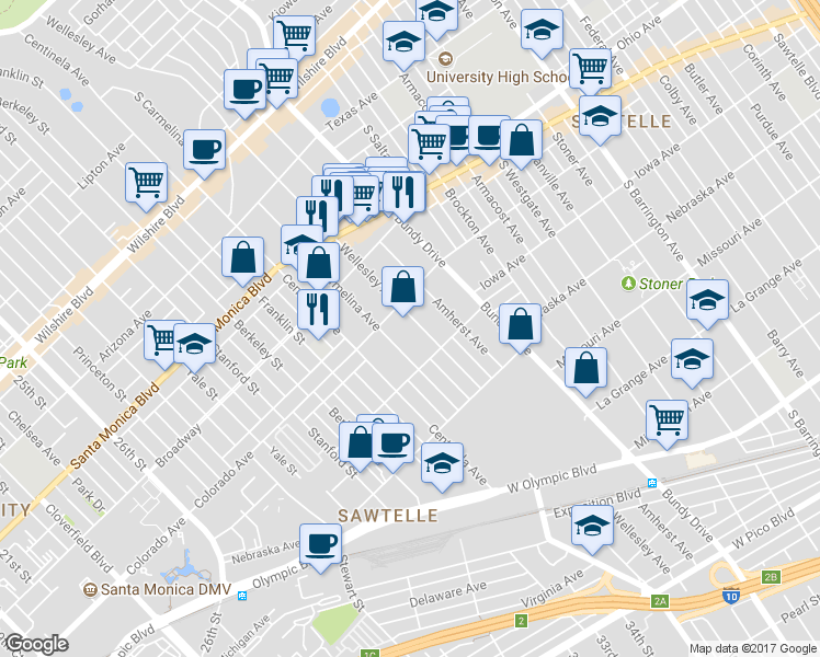 map of restaurants, bars, coffee shops, grocery stores, and more near 1625 Wellesley Avenue in Los Angeles