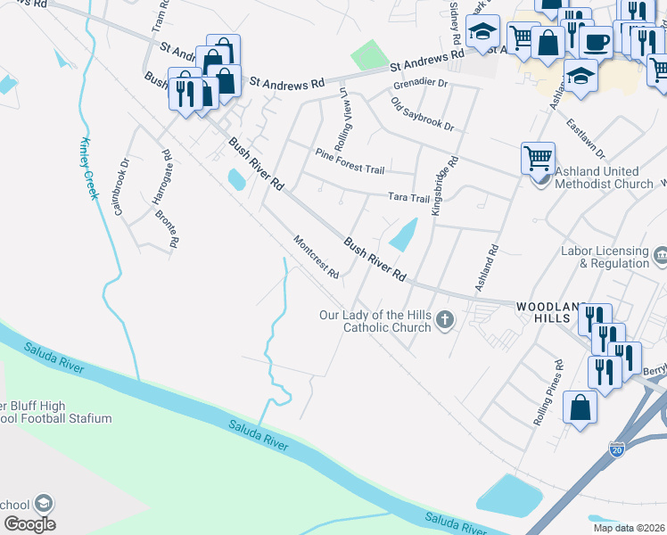 map of restaurants, bars, coffee shops, grocery stores, and more near 3204 Montcrest Road in Columbia