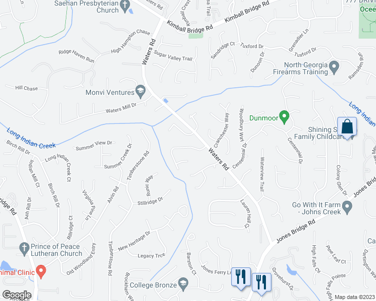 map of restaurants, bars, coffee shops, grocery stores, and more near 3565 Waters Cove Way in Alpharetta