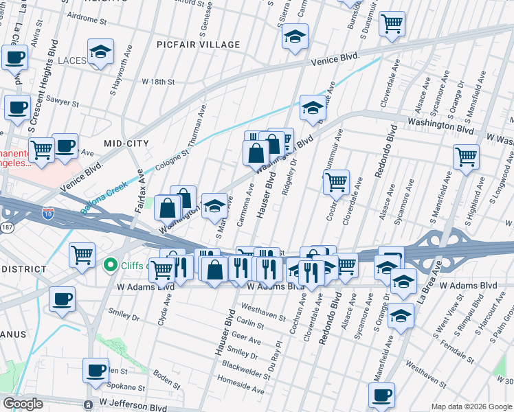 map of restaurants, bars, coffee shops, grocery stores, and more near 2226 Carmona Avenue in Los Angeles
