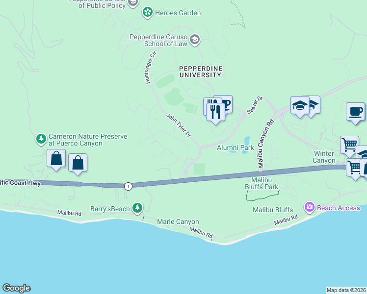 map of restaurants, bars, coffee shops, grocery stores, and more near 24518 Vantage Point Terrace in Malibu