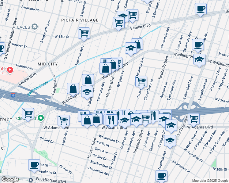 map of restaurants, bars, coffee shops, grocery stores, and more near 2233 South Ridgeley Drive in Los Angeles