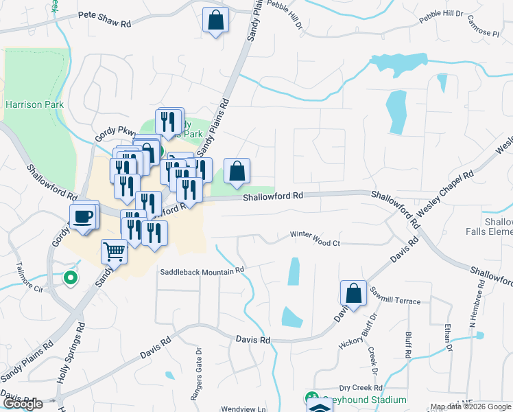 map of restaurants, bars, coffee shops, grocery stores, and more near 3321 Keenland Road in Marietta