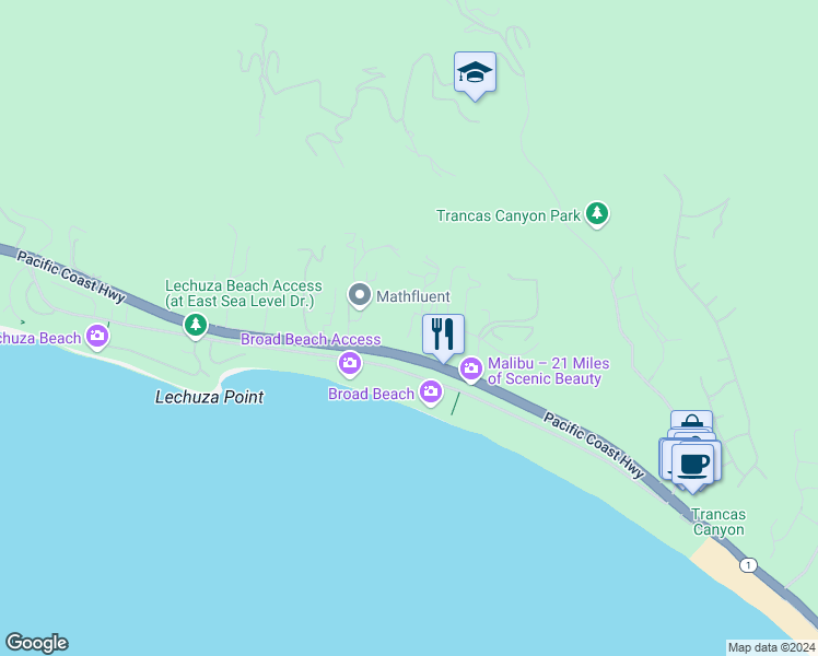 map of restaurants, bars, coffee shops, grocery stores, and more near 31280 Bailard Road in Malibu