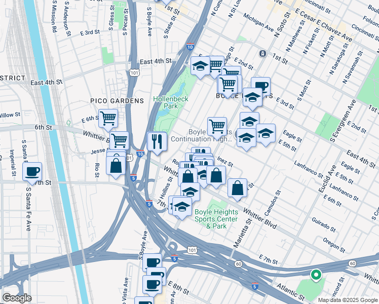 map of restaurants, bars, coffee shops, grocery stores, and more near 2225 Terrace Heights Avenue in Los Angeles