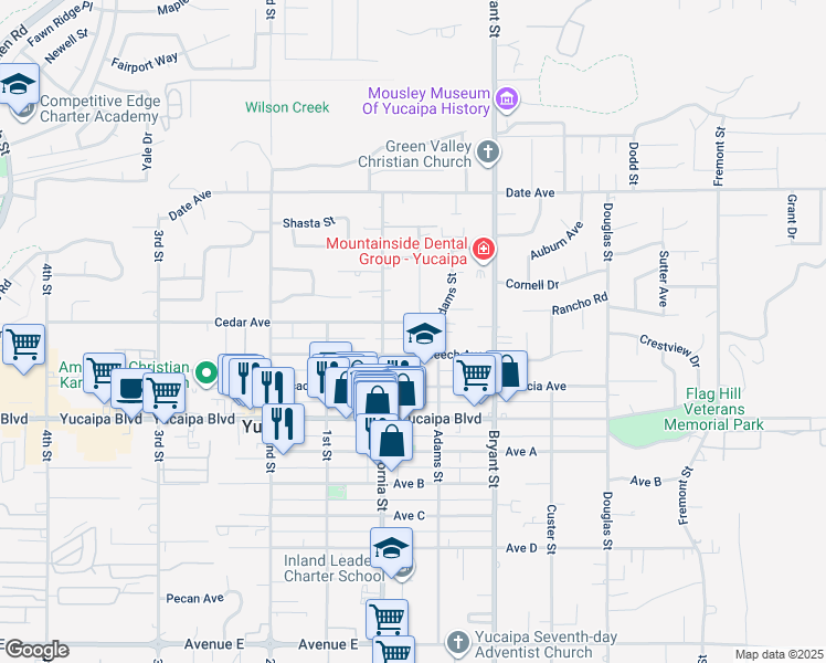 map of restaurants, bars, coffee shops, grocery stores, and more near 35155 Cedar Ave in Yucaipa