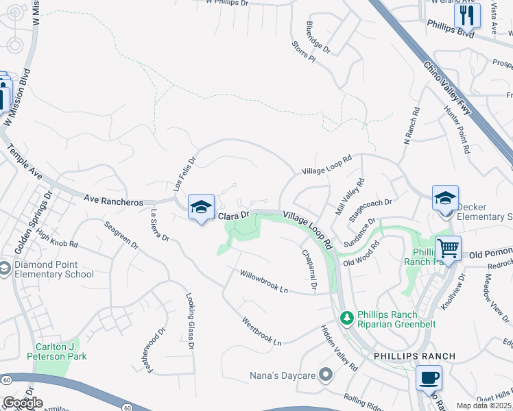 map of restaurants, bars, coffee shops, grocery stores, and more near 6 Calle Del Rey in Pomona