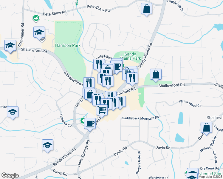 map of restaurants, bars, coffee shops, grocery stores, and more near 2981 Shallowford Road in Marietta