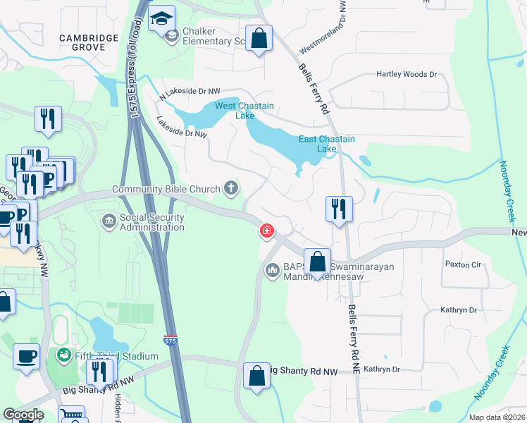 map of restaurants, bars, coffee shops, grocery stores, and more near 162 Chastain Road Northwest in Kennesaw
