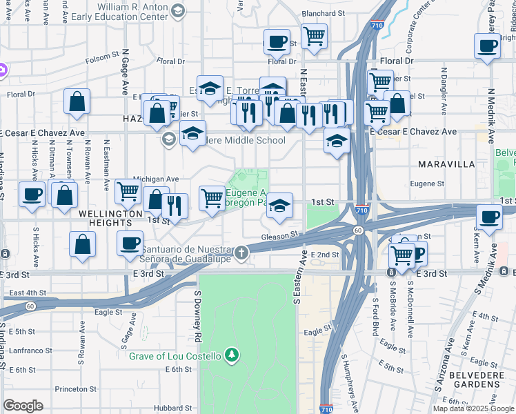 map of restaurants, bars, coffee shops, grocery stores, and more near 4126 1st Street in Los Angeles
