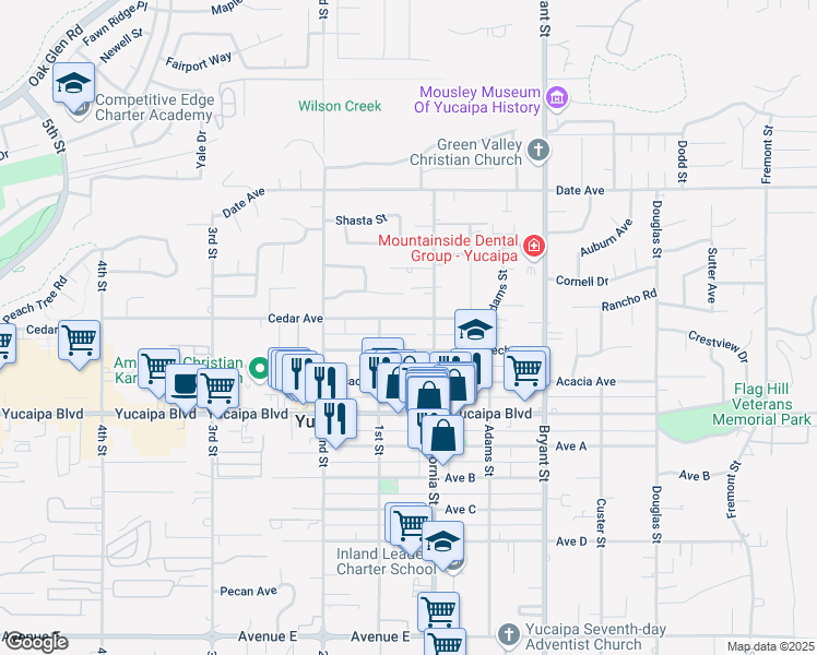 map of restaurants, bars, coffee shops, grocery stores, and more near 35055 Cedar Avenue in Yucaipa