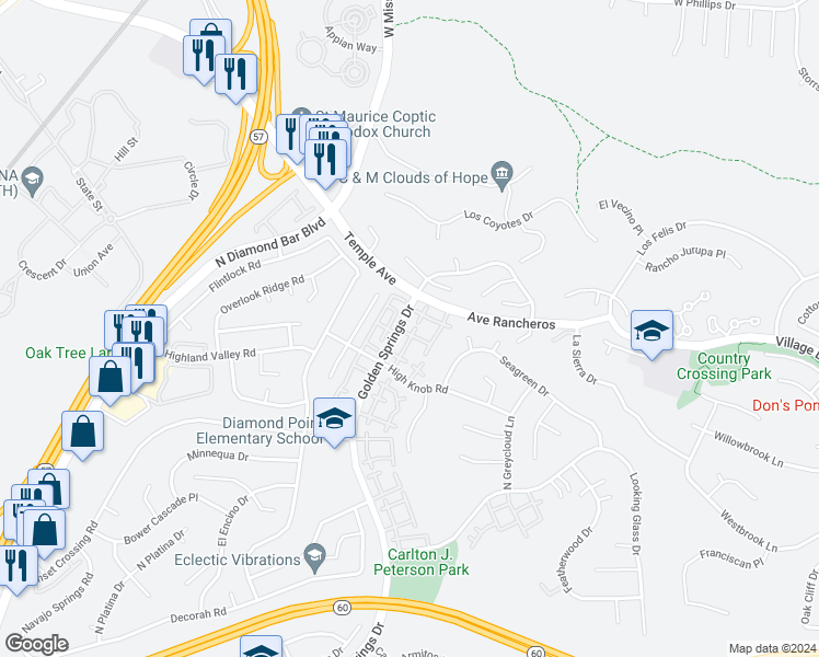 map of restaurants, bars, coffee shops, grocery stores, and more near 1180 Golden Springs Drive in Diamond Bar
