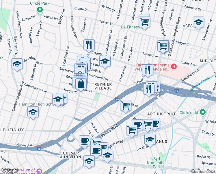 map of restaurants, bars, coffee shops, grocery stores, and more near 2627 South Bedford Street in Los Angeles