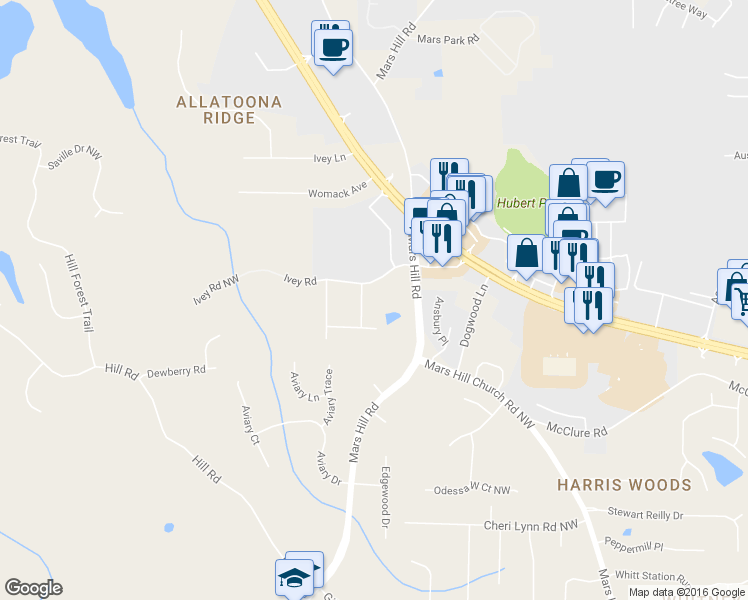 map of restaurants, bars, coffee shops, grocery stores, and more near 3368 Joseph Drive in Acworth
