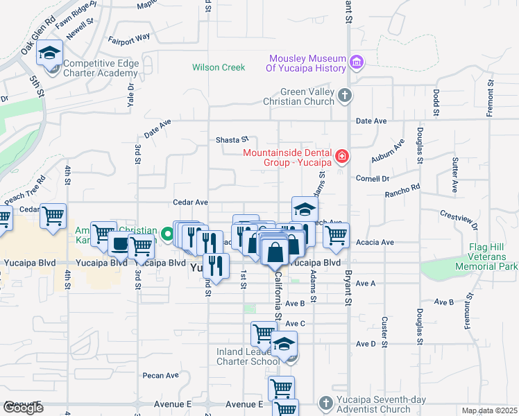 map of restaurants, bars, coffee shops, grocery stores, and more near 35023 Cedar Avenue in Yucaipa